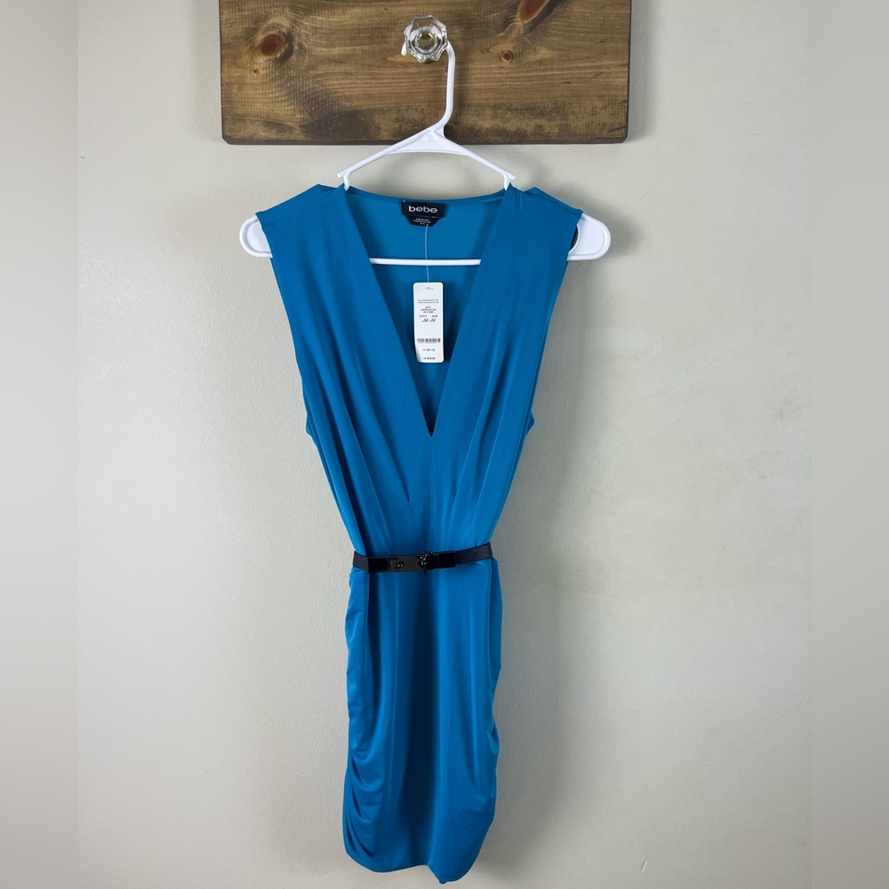 bebe Teal Blue V-Neck Sleeveless Dress with Belt